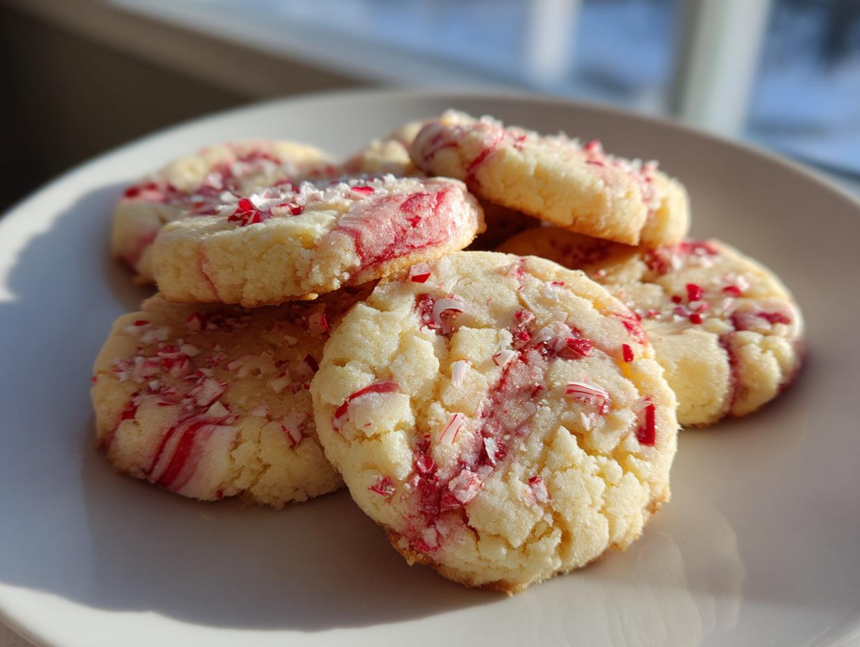 A pile of festive Candy Cane Shortbread Cookies with red and white swirls and crushed candy cane pieces.