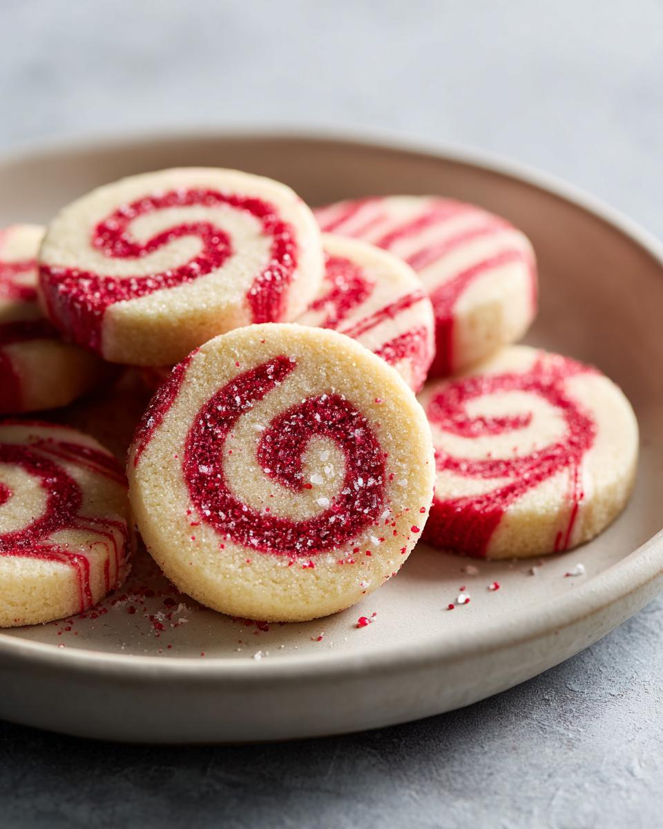 Close-up of festive Candy Cane Shortbread Cookies with red swirls and sparkling sugar on a beige plate.