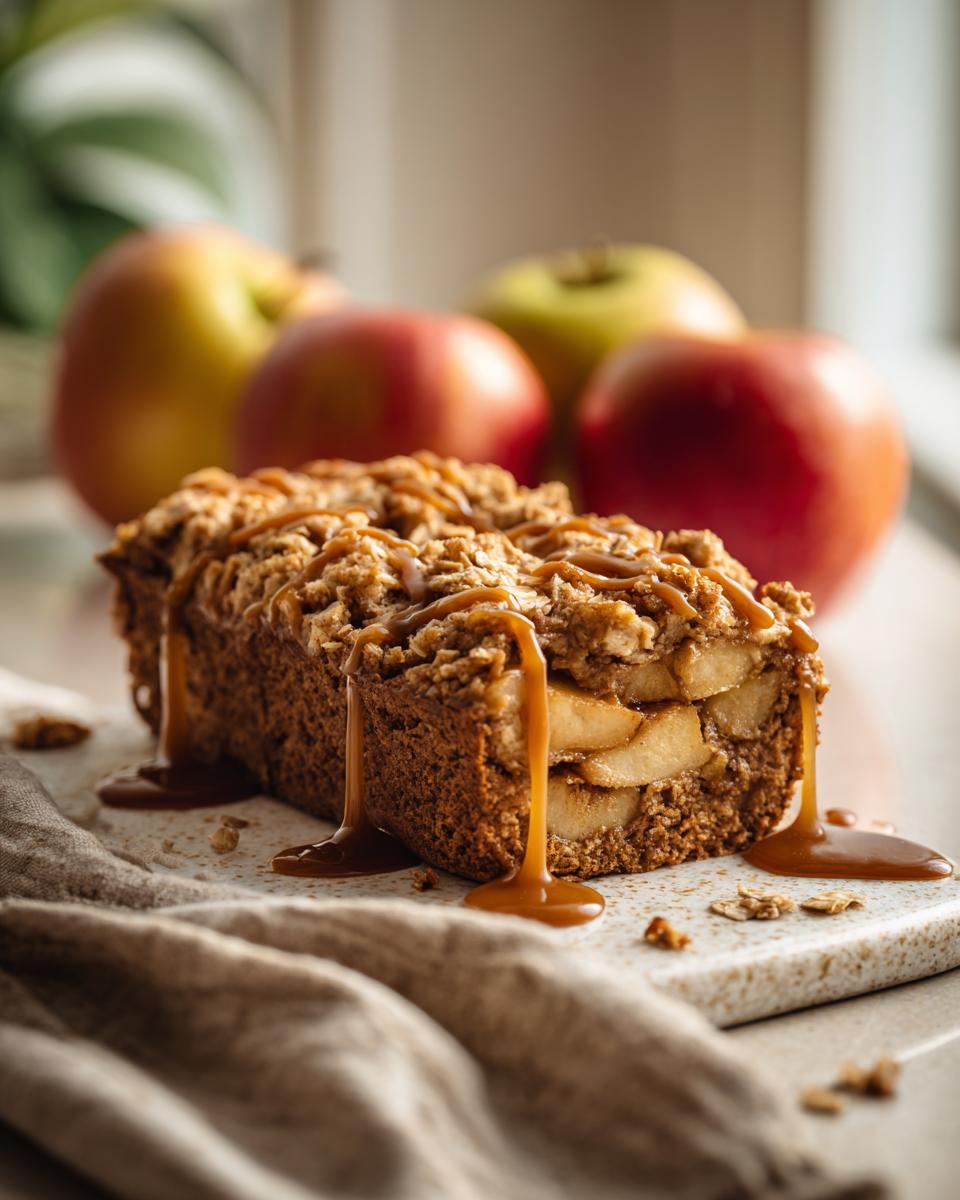 Close-up of a Caramel Apple Cinnamon Oatmeal Bake with caramel sauce dripping down.