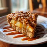 Close-up of a slice of Caramel Apple Cinnamon Oatmeal Bake with caramel drizzle on a white plate.
