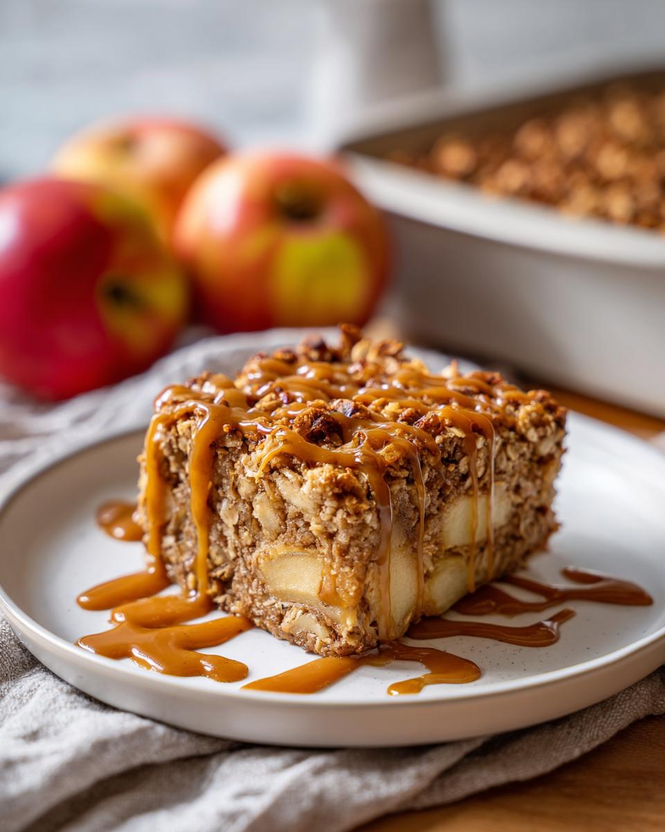 A slice of Caramel Apple Cinnamon Oatmeal Bake drizzled with caramel sauce on a plate.