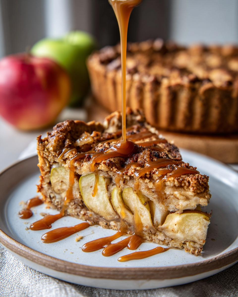 Close-up of a slice of Caramel Apple Cinnamon Oatmeal Bake drizzled with caramel.