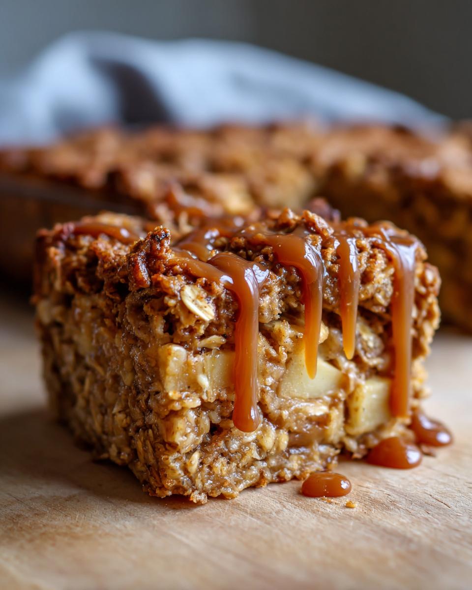 Close-up of a slice of Caramel Apple Cinnamon Oatmeal Bake with caramel drizzle.