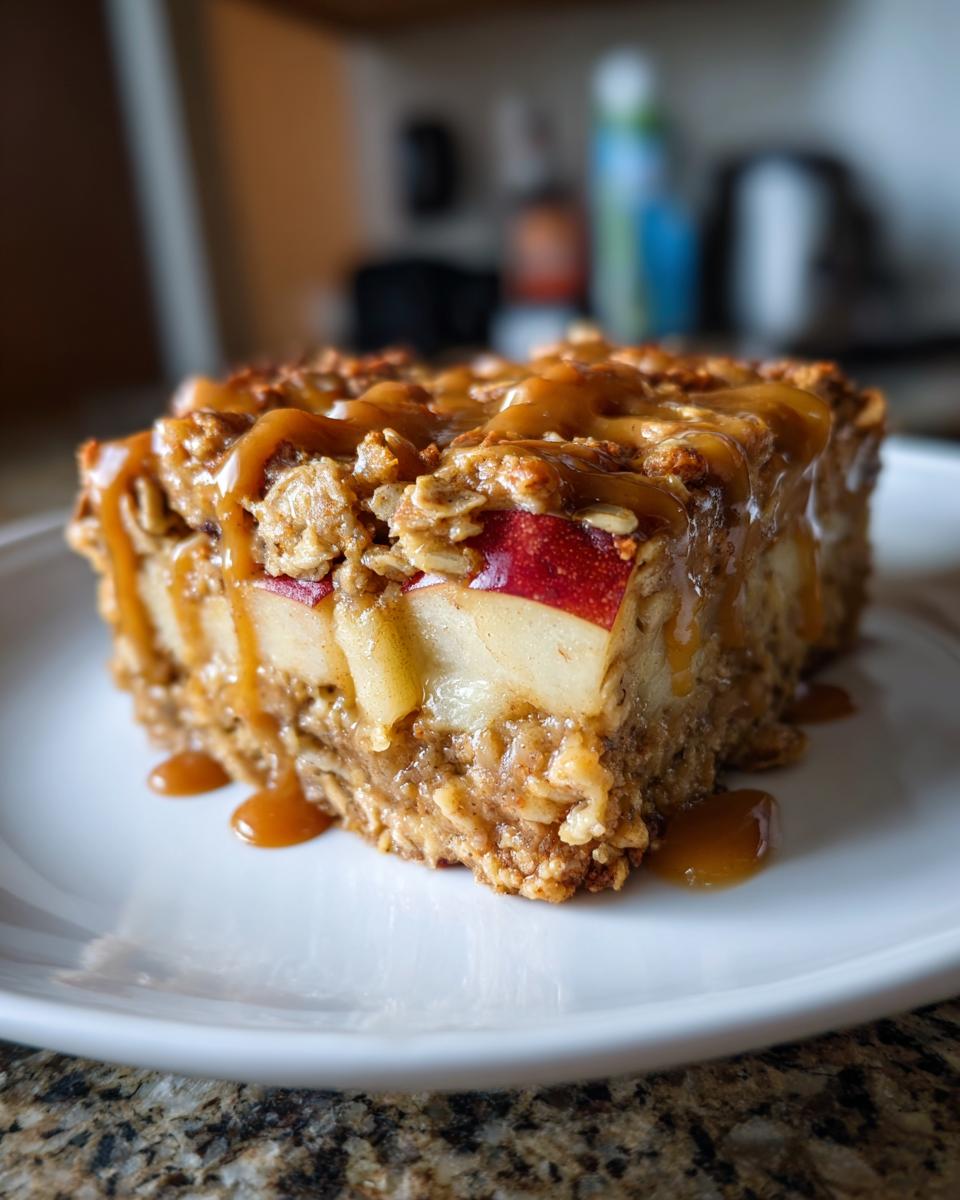 Close-up of a slice of Caramel Apple Cinnamon Oatmeal Bake drizzled with caramel.