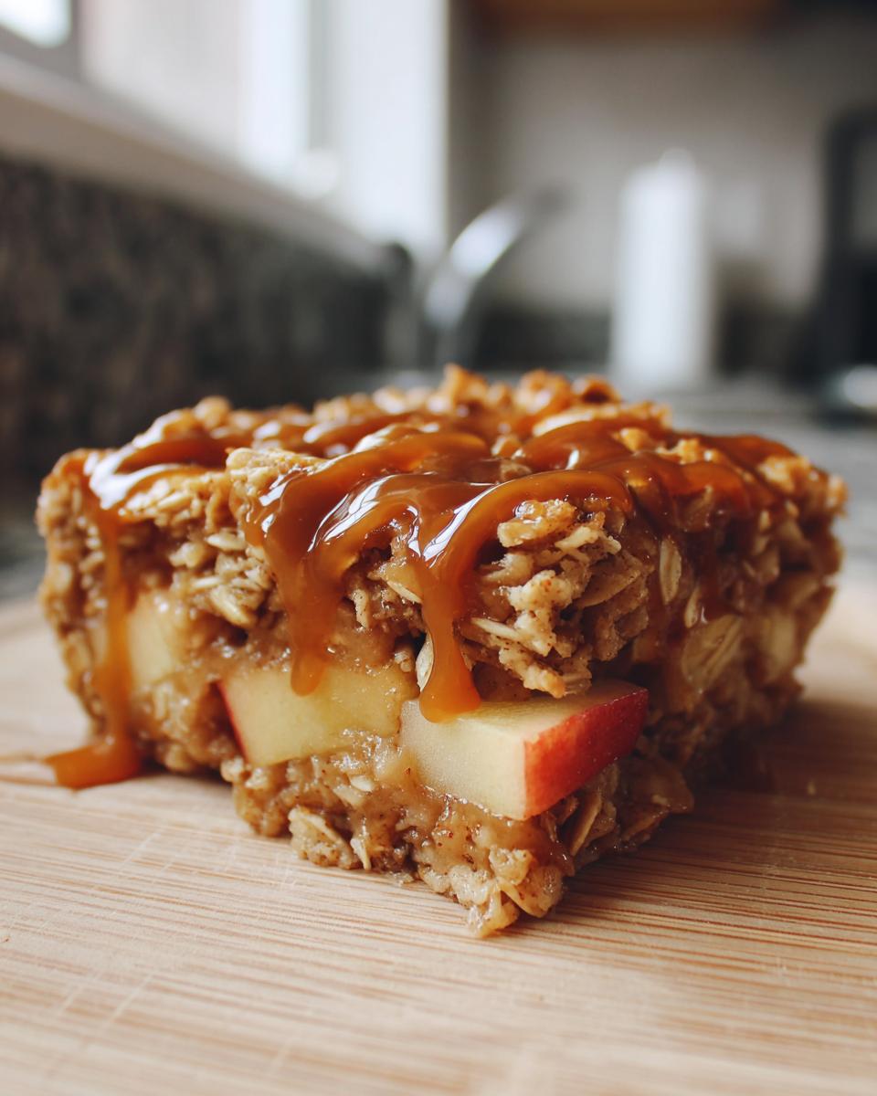 Close-up of a slice of Caramel Apple Cinnamon Oatmeal Bake with caramel drizzle.