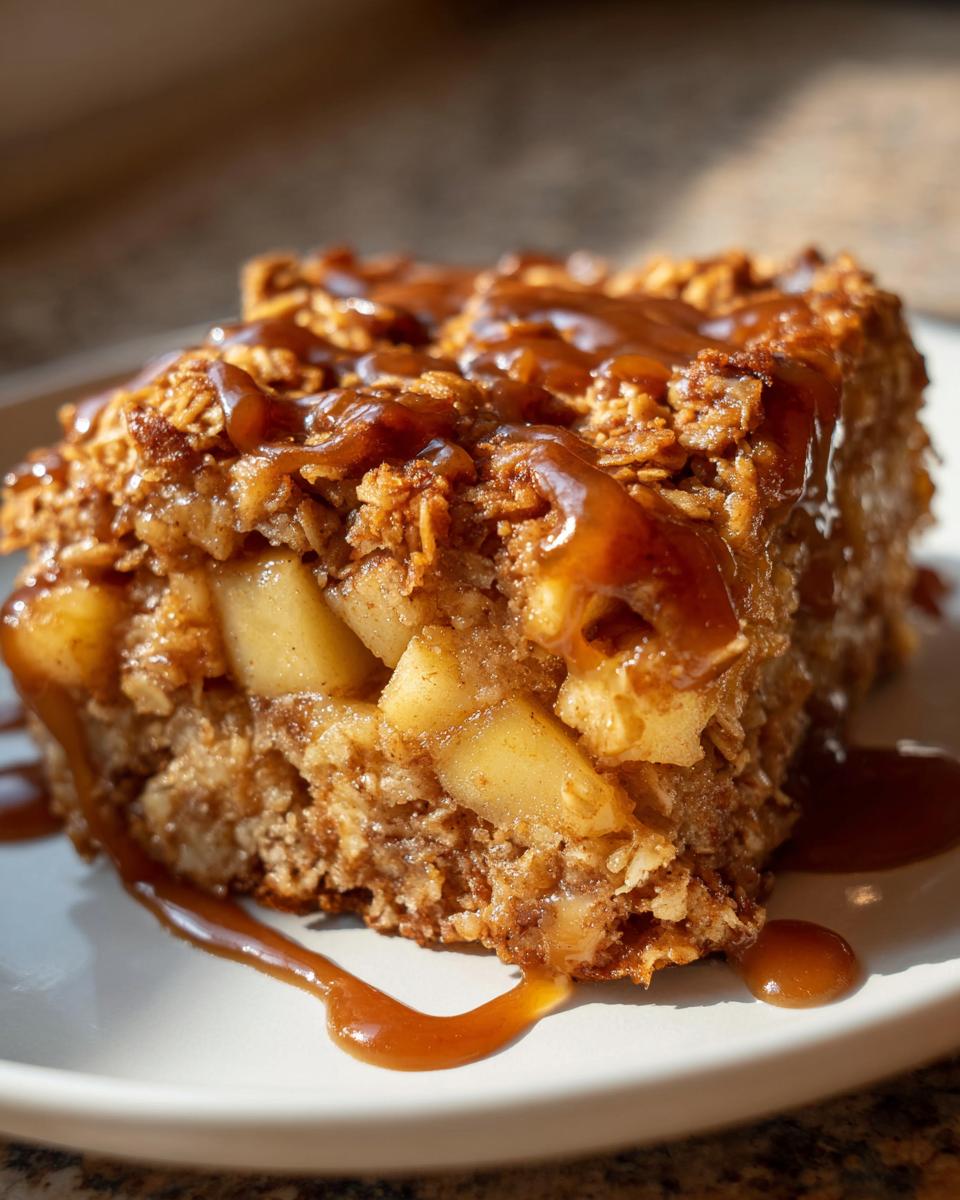Close-up of a slice of Caramel Apple Cinnamon Oatmeal Bake drizzled with caramel.