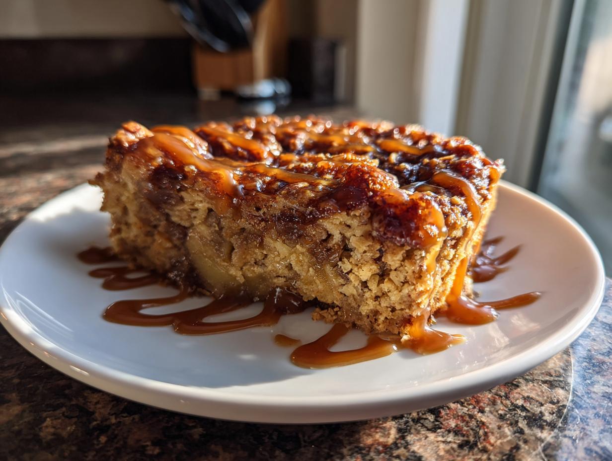 A slice of Caramel Apple Cinnamon Oatmeal Bake drizzled with caramel sauce on a white plate.