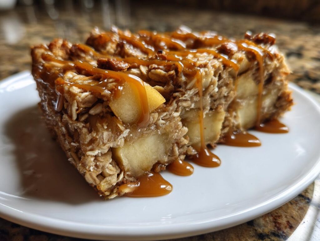 Close-up of slices of Caramel Apple Cinnamon Oatmeal Bake with caramel drizzle.