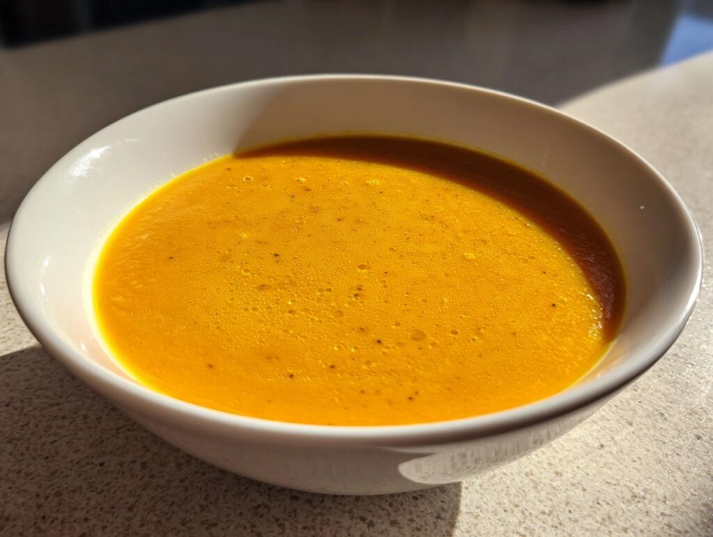 A bowl of vibrant Carrot Ginger Detox Soup, a healthy and delicious soup.