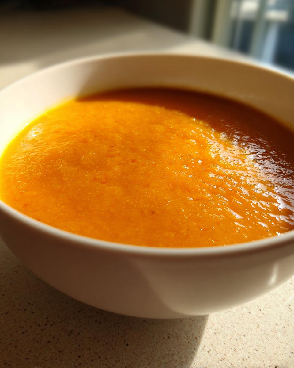 Close-up of a bowl filled with Carrot Ginger Detox Soup, a healthy and vibrant orange soup.