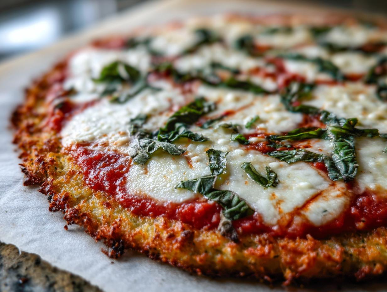 Close-up of a delicious Cauliflower Crust Margherita Flatbread with fresh basil.