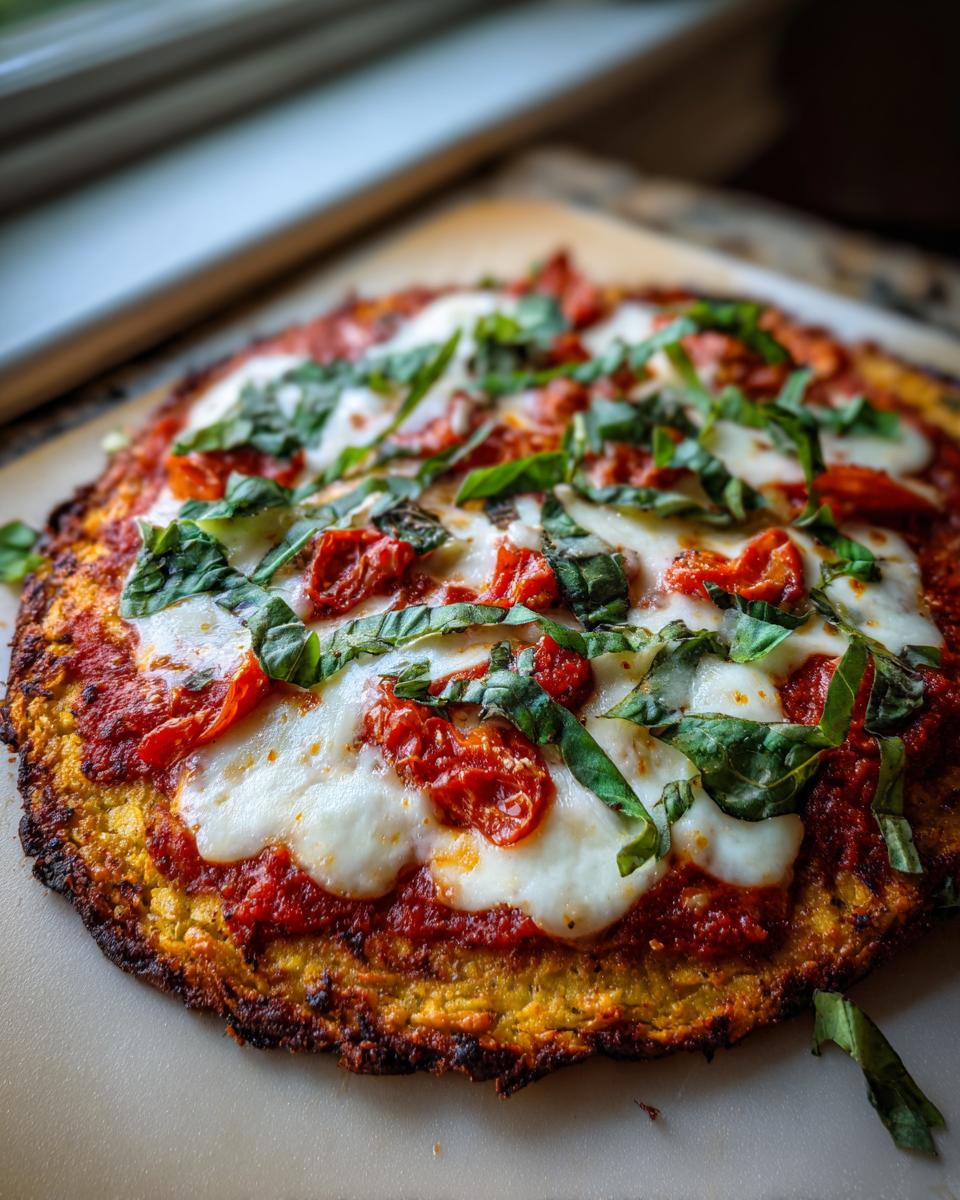 Delicious Cauliflower Crust Margherita Flatbread with fresh basil and tomatoes.