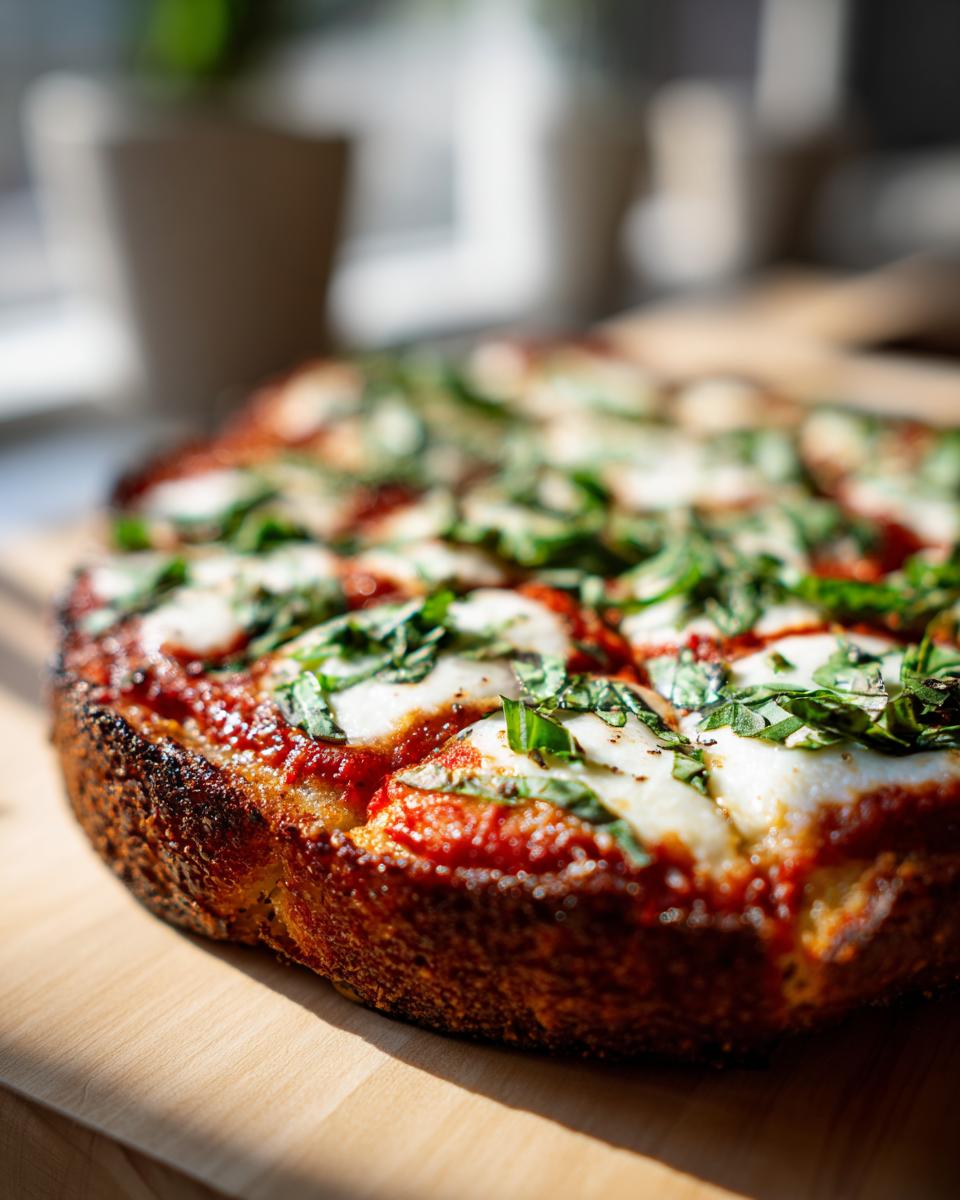 Close-up of a delicious Cauliflower Crust Margherita Flatbread with fresh basil and mozzarella.