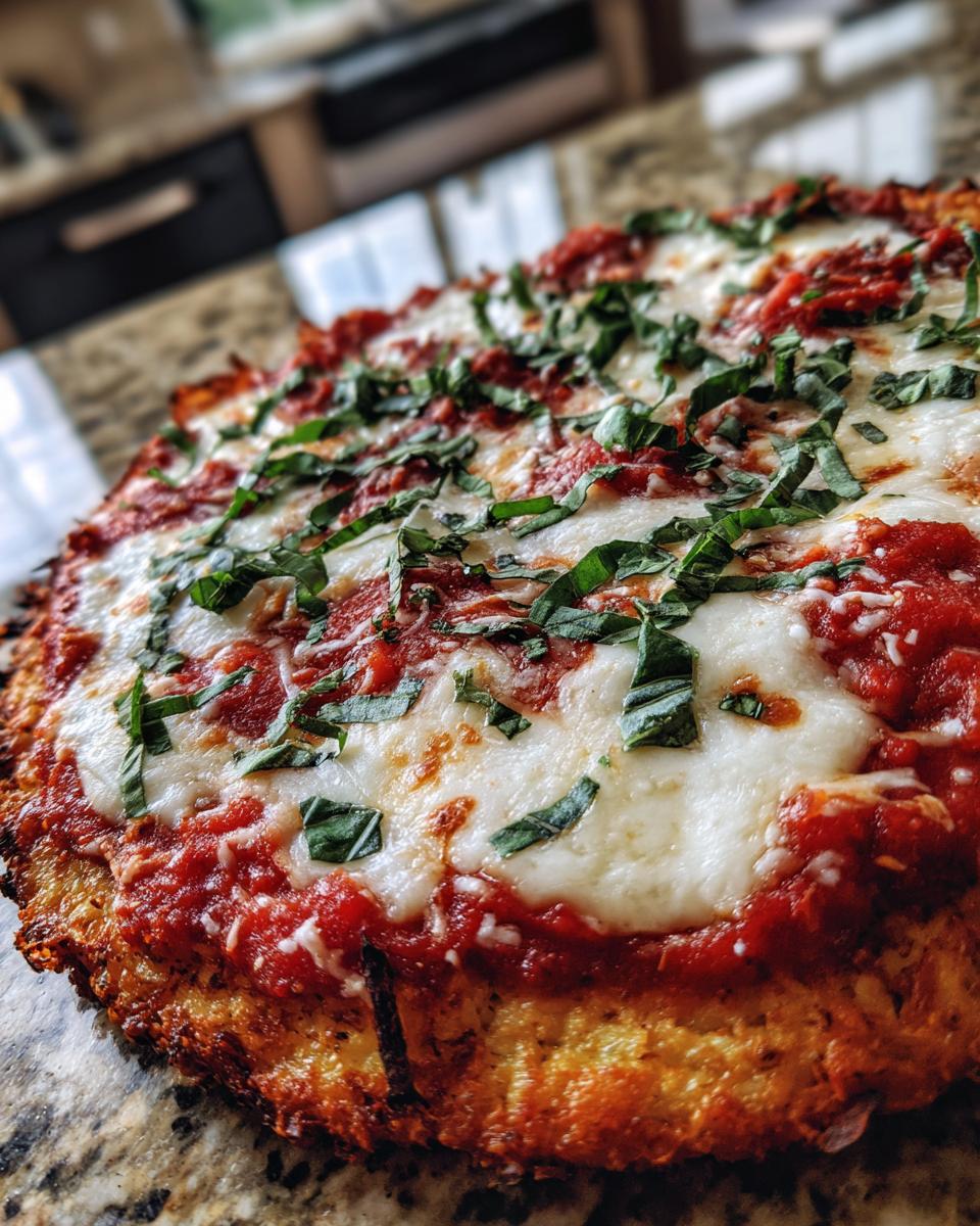 Close-up of a delicious Cauliflower Crust Margherita Flatbread topped with fresh basil.