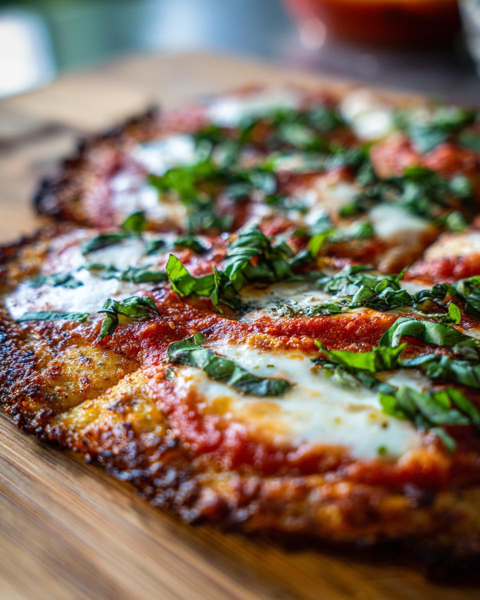 Close-up of a Cauliflower Crust Margherita Flatbread with fresh basil, mozzarella, and tomato sauce.