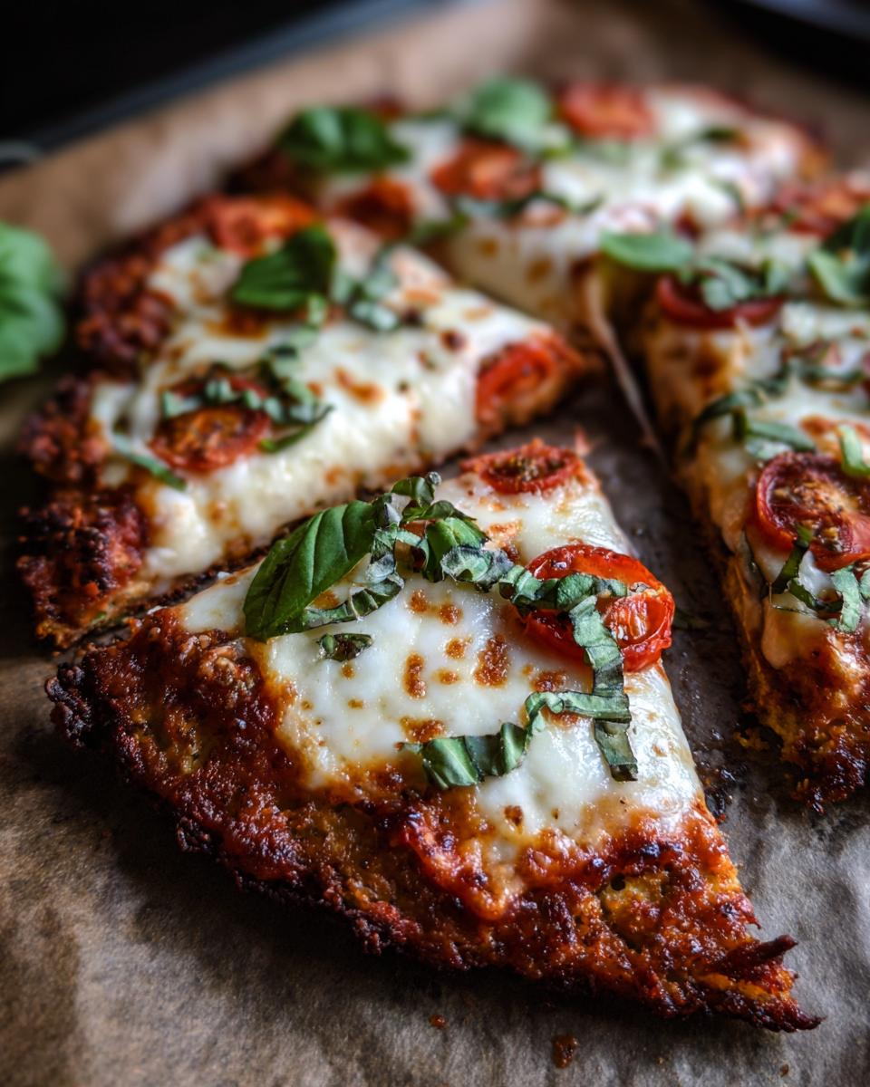 Close-up of sliced Cauliflower Crust Margherita Flatbread with tomatoes, basil, and melted cheese.