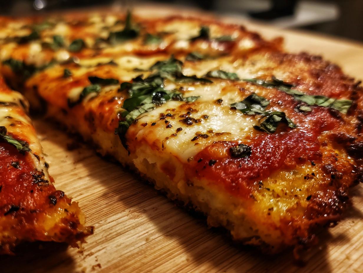Close-up of a slice of Cauliflower Crust Margherita Flatbread with cheese, sauce, and basil.
