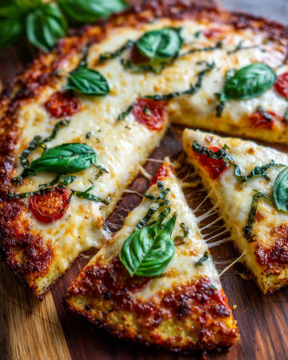 Close-up of sliced Cauliflower Crust Margherita Flatbread with melted cheese, tomatoes, and basil.