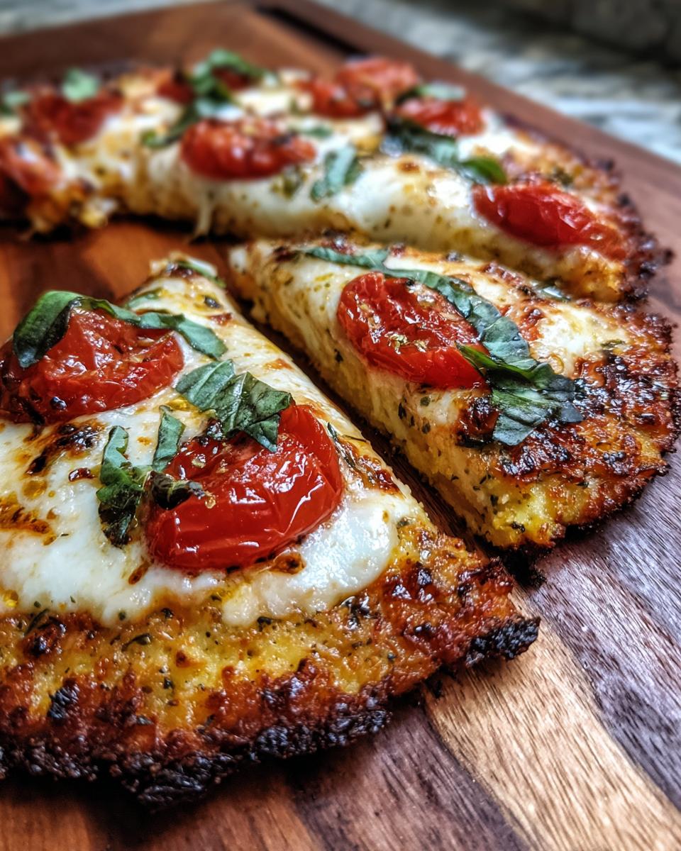 Close-up of slices of Cauliflower Crust Margherita Flatbread with tomatoes and basil.