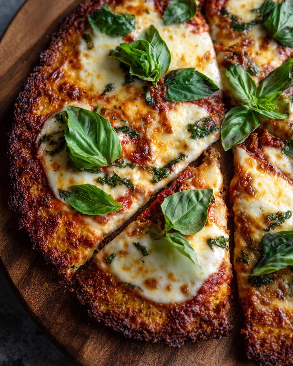 Close-up of a sliced Cauliflower Crust Margherita Flatbread topped with fresh basil and melted mozzarella cheese.