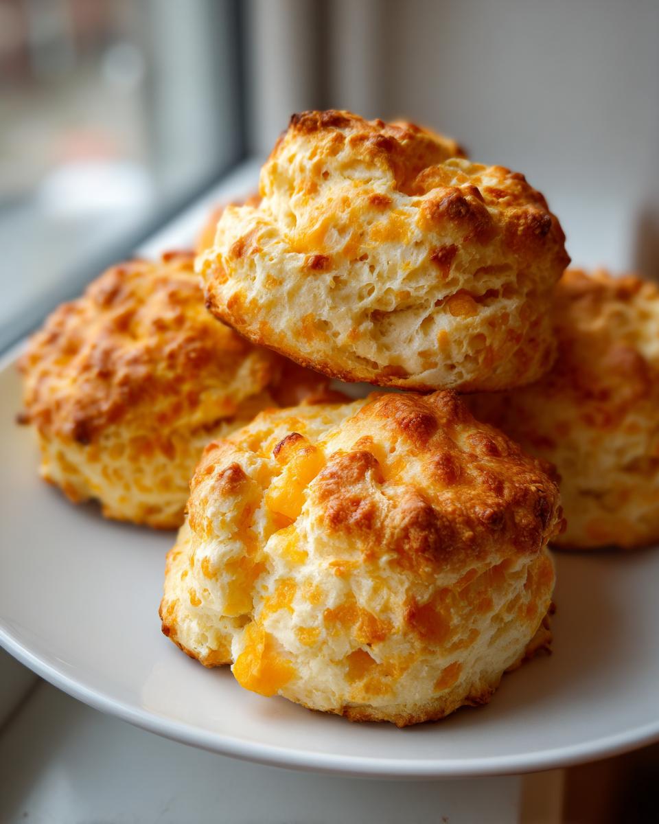 Close-up of freshly baked Cheddar Biscuits, golden brown and flaky, on a white plate.