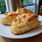 Close-up of three golden Cheddar Biscuits on a white plate, ready to eat.