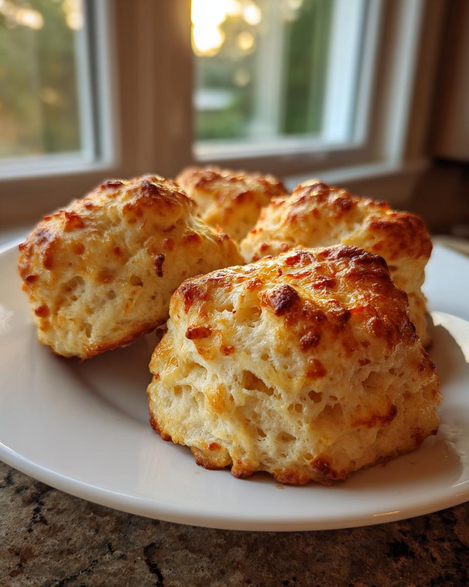 Close-up of golden Cheddar Biscuits on a white plate, ready to eat.
