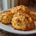 Close-up of freshly baked Cheddar Biscuits on a white plate, golden brown and flaky.