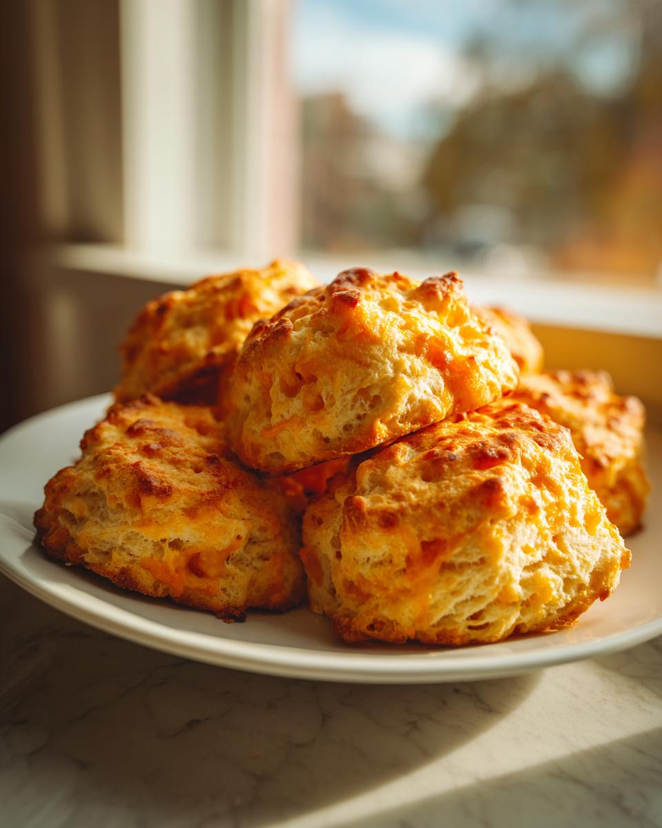Pile of freshly baked Cheddar Biscuits on a white plate, golden brown and flaky.