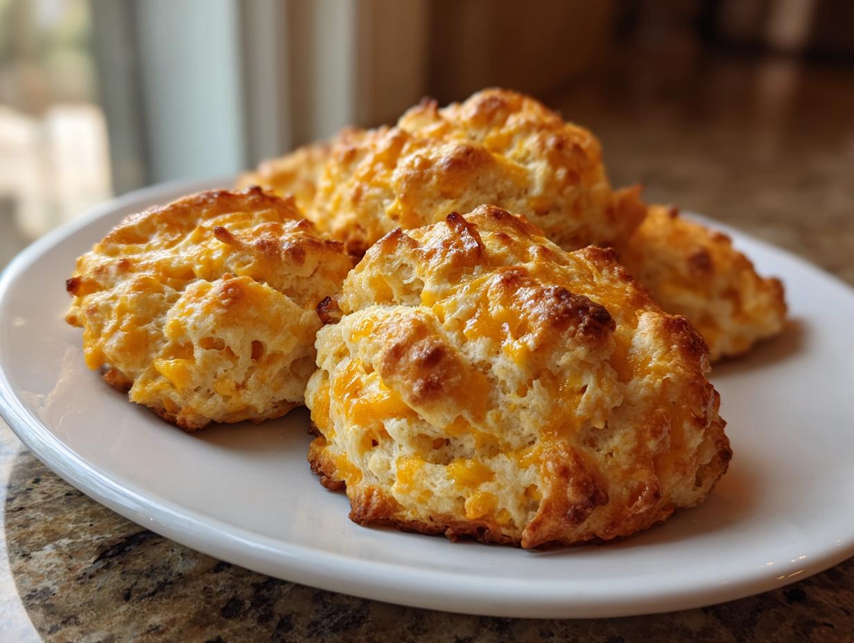 Close-up of freshly baked Cheddar Biscuits on a white plate, golden brown and flaky.