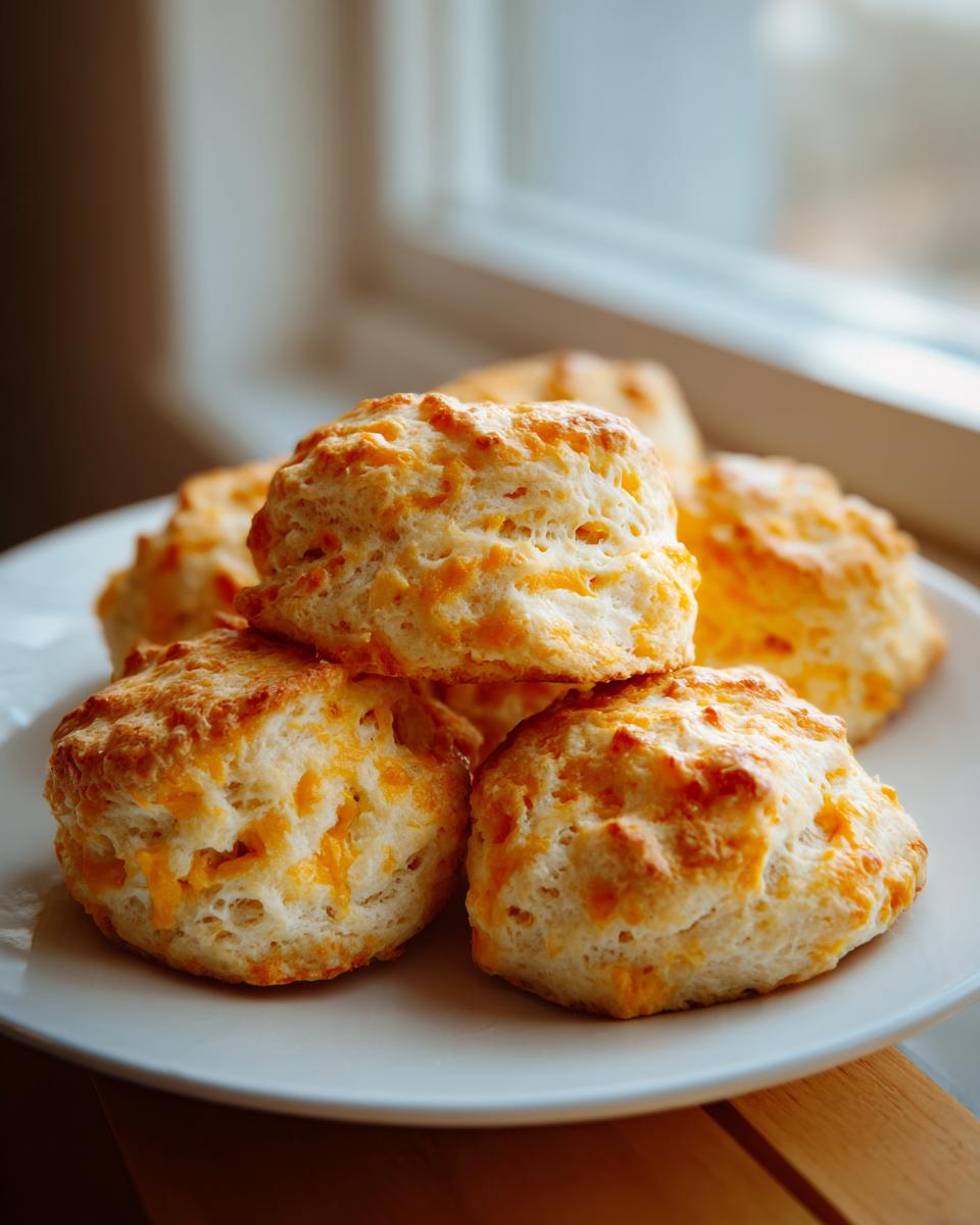 Pile of freshly baked Cheddar Biscuits on a white plate, golden brown and flaky.