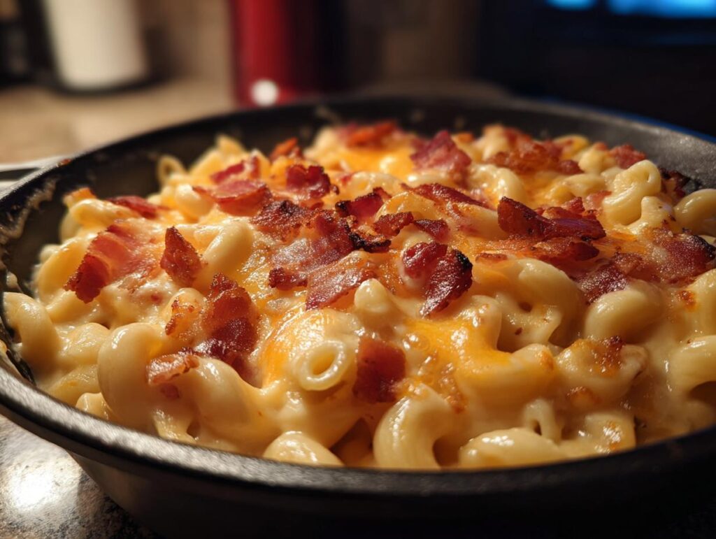Close-up of a skillet of Ultimate Cheesy Bacon Mac and Cheese topped with crispy bacon.