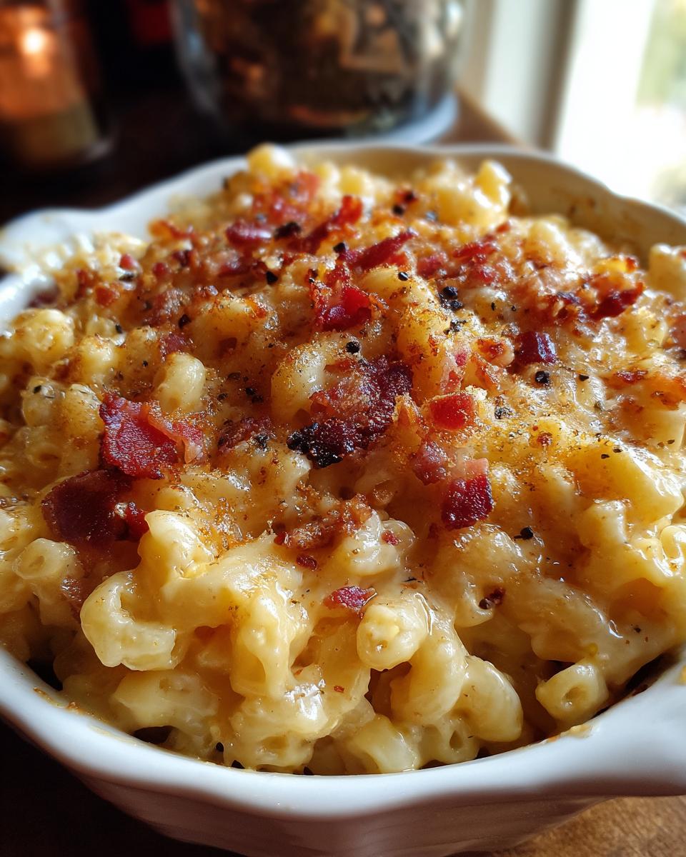 Close-up of a baked Ultimate Cheesy Bacon Mac and Cheese in a white dish, topped with crispy bacon.