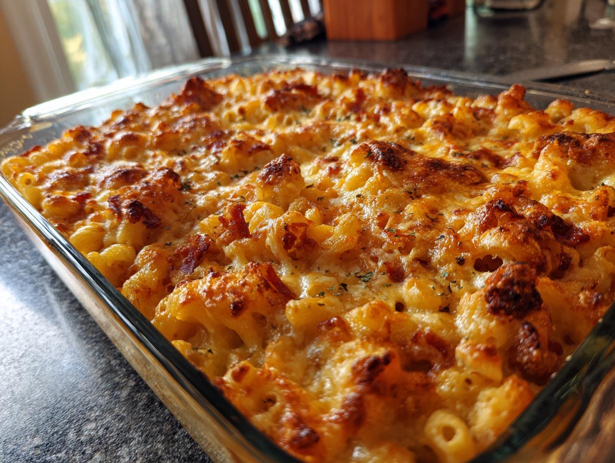 Close-up of a baked Ultimate Cheesy Bacon Mac and Cheese in a glass dish, golden and bubbly.