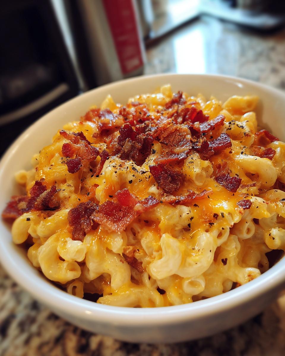 Close-up of a bowl of Ultimate Cheesy Bacon Mac and Cheese topped with crispy bacon.