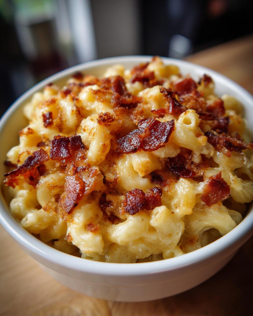 Close-up of a bowl of Ultimate Cheesy Bacon Mac and Cheese, topped with crispy bacon.