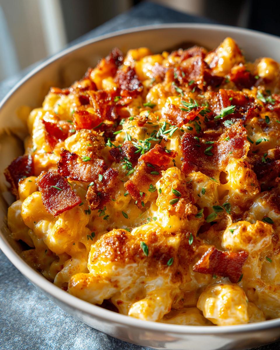 Close-up of a bowl of Ultimate Cheesy Bacon Mac and Cheese, topped with crispy bacon.