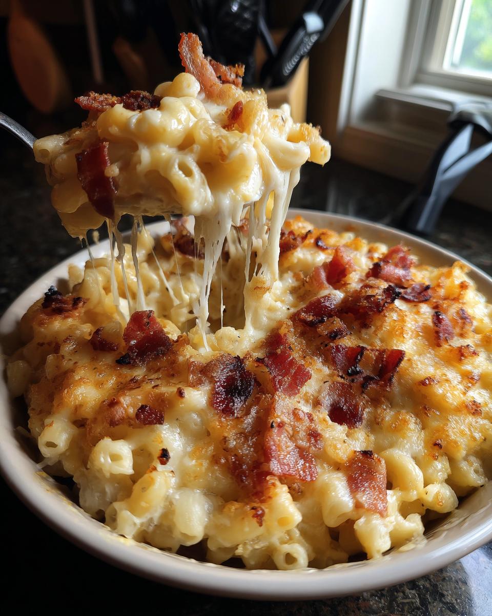 Close-up of Ultimate Cheesy Bacon Mac and Cheese with a cheese pull, showing melted cheese and crispy bacon.