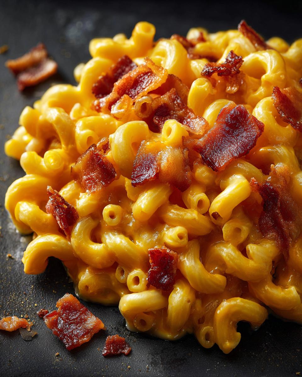 Close-up of Ultimate Cheesy Bacon Mac and Cheese with crispy bacon pieces on top.
