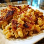 Close-up of Ultimate Cheesy Bacon Mac and Cheese on a white plate, showing the creamy cheese sauce and crispy topping.