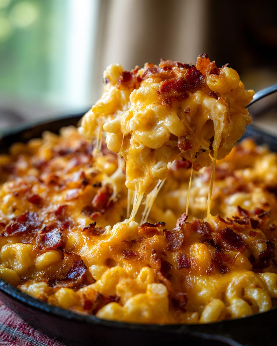 Close-up of Ultimate Cheesy Bacon Mac and Cheese, with melted cheese and crispy bacon.