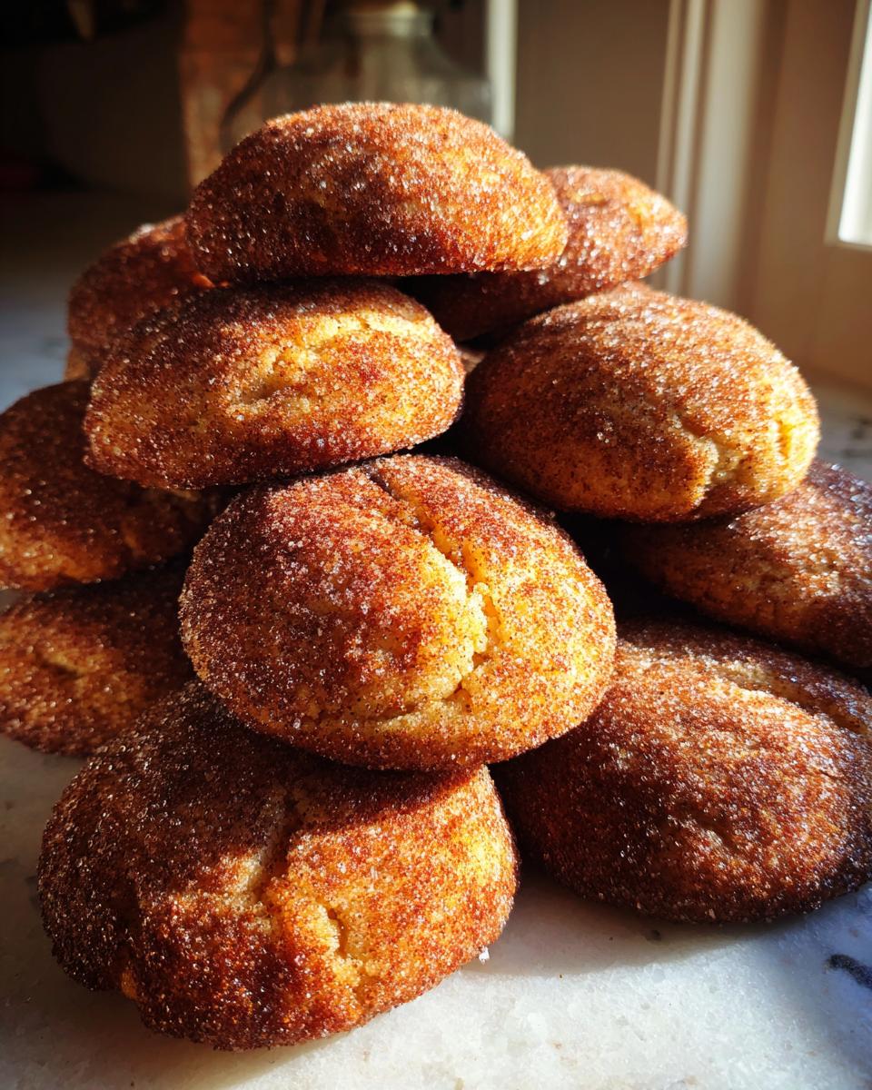 A close-up stack of freshly baked Gingerdoodle Cookies, coated in cinnamon sugar.