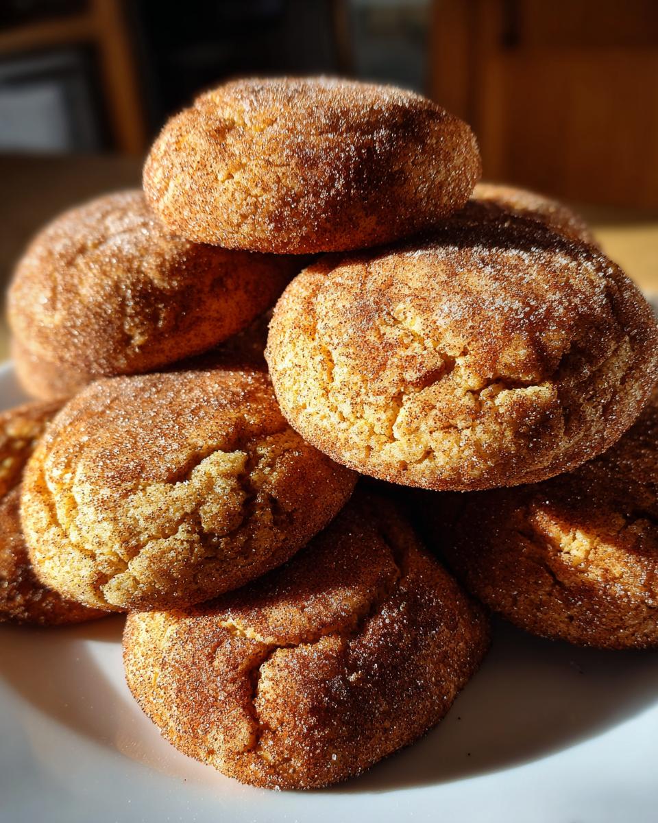 A close-up, sunlit stack of chewy Gingerdoodle Cookies coated in cinnamon sugar.