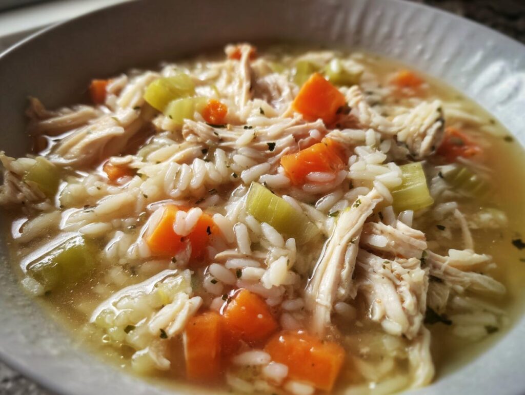 Close-up of a bowl of Chicken & Rice Comfort Soup with chicken, rice, carrots, and celery.