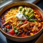 Close-up of a bowl of Chicken Tortilla Soup with toppings like avocado and sour cream.