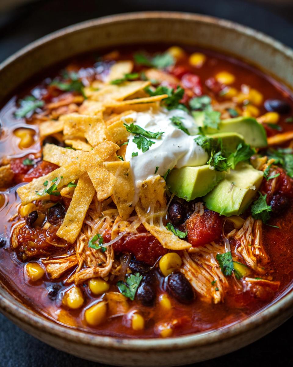 Close-up of a bowl of Chicken Tortilla Soup, topped with tortilla strips, sour cream, and avocado.