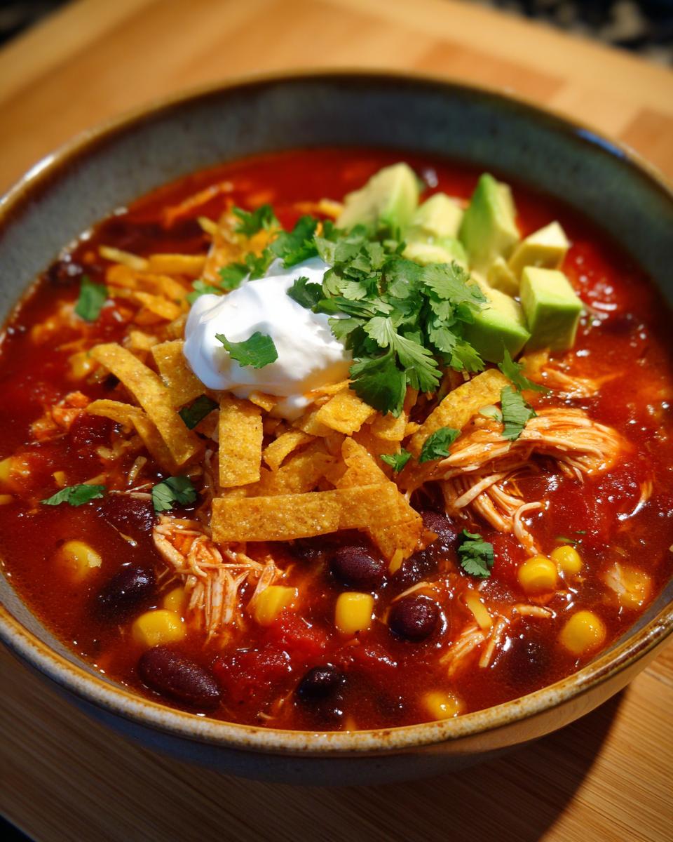 Close-up of a bowl of Chicken Tortilla Soup with toppings like avocado, sour cream, and cilantro.
