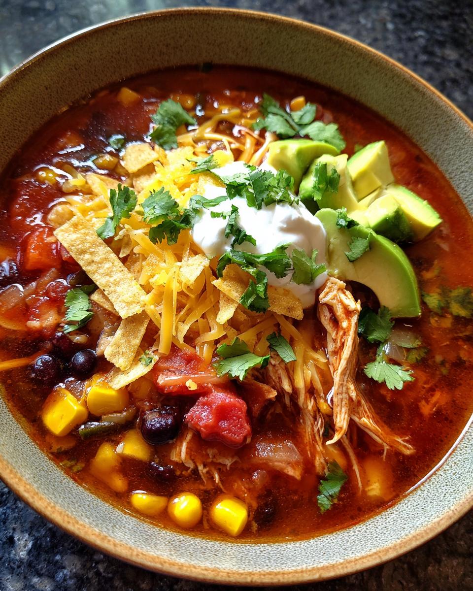 Close-up of a bowl of Chicken Tortilla Soup with toppings like avocado, cheese, and cilantro.