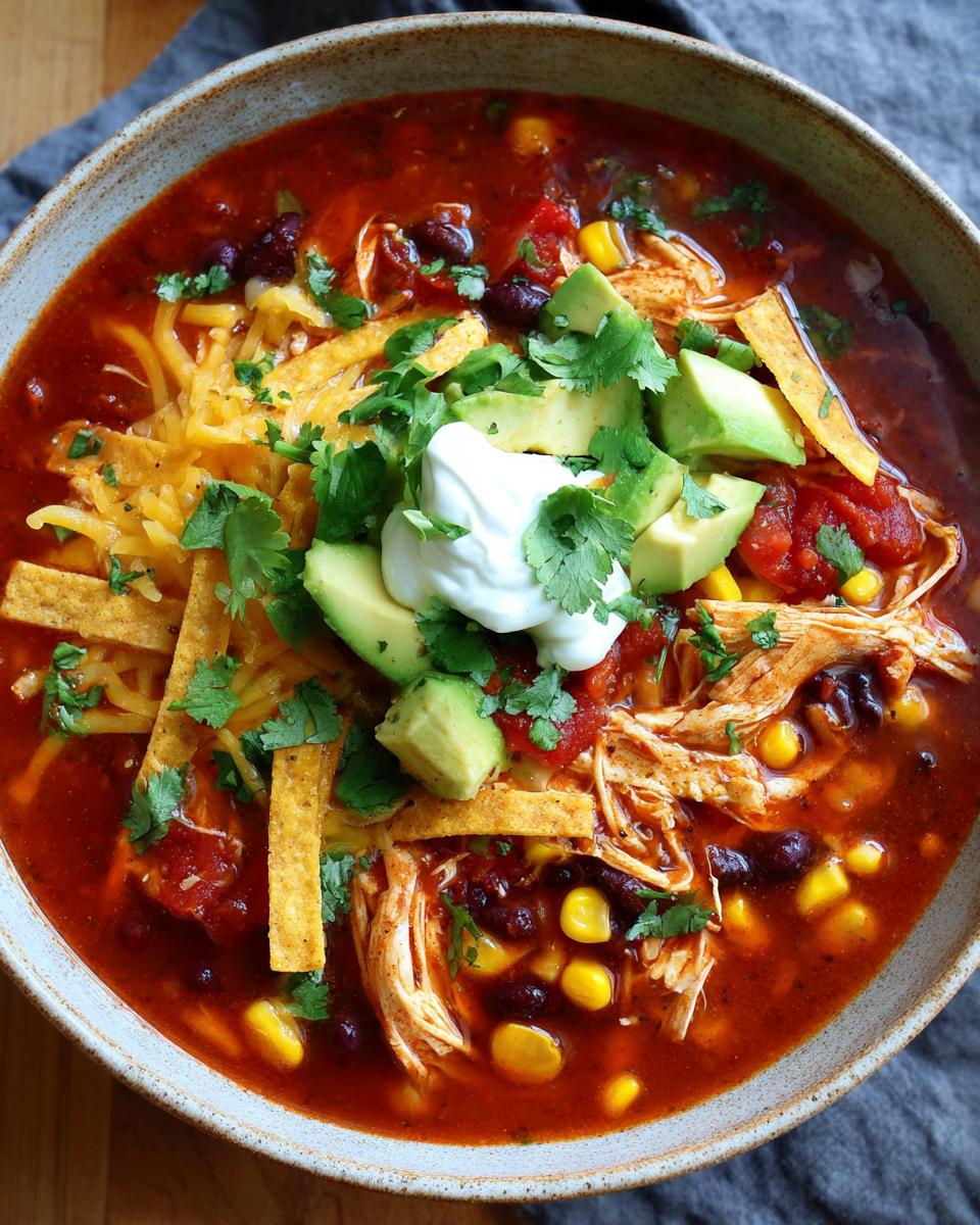 Overhead shot of a bowl of Chicken Tortilla Soup with toppings like avocado, sour cream, and tortilla strips.