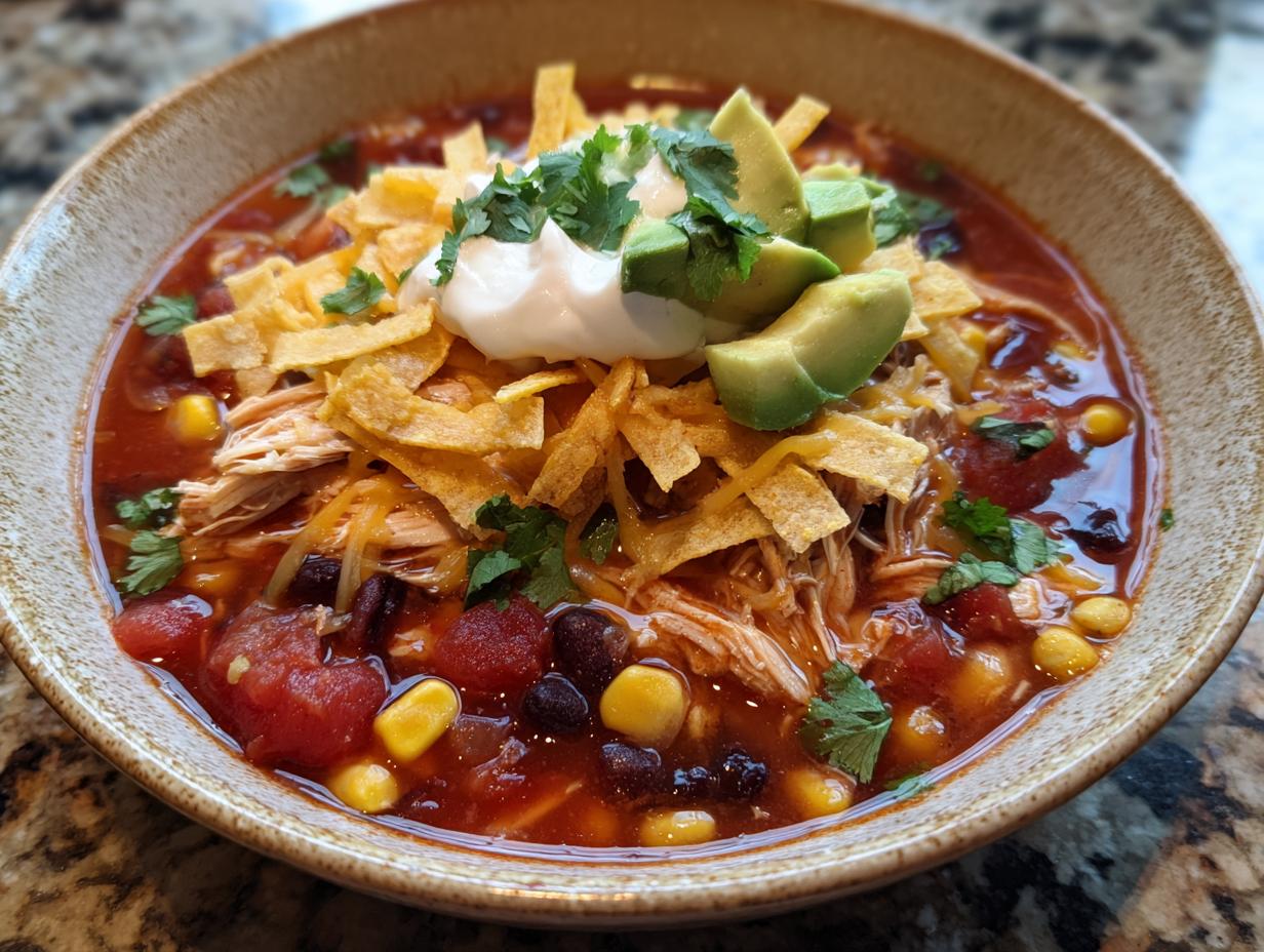 Close-up of a bowl of Chicken Tortilla Soup, garnished with avocado, sour cream, and tortilla strips.